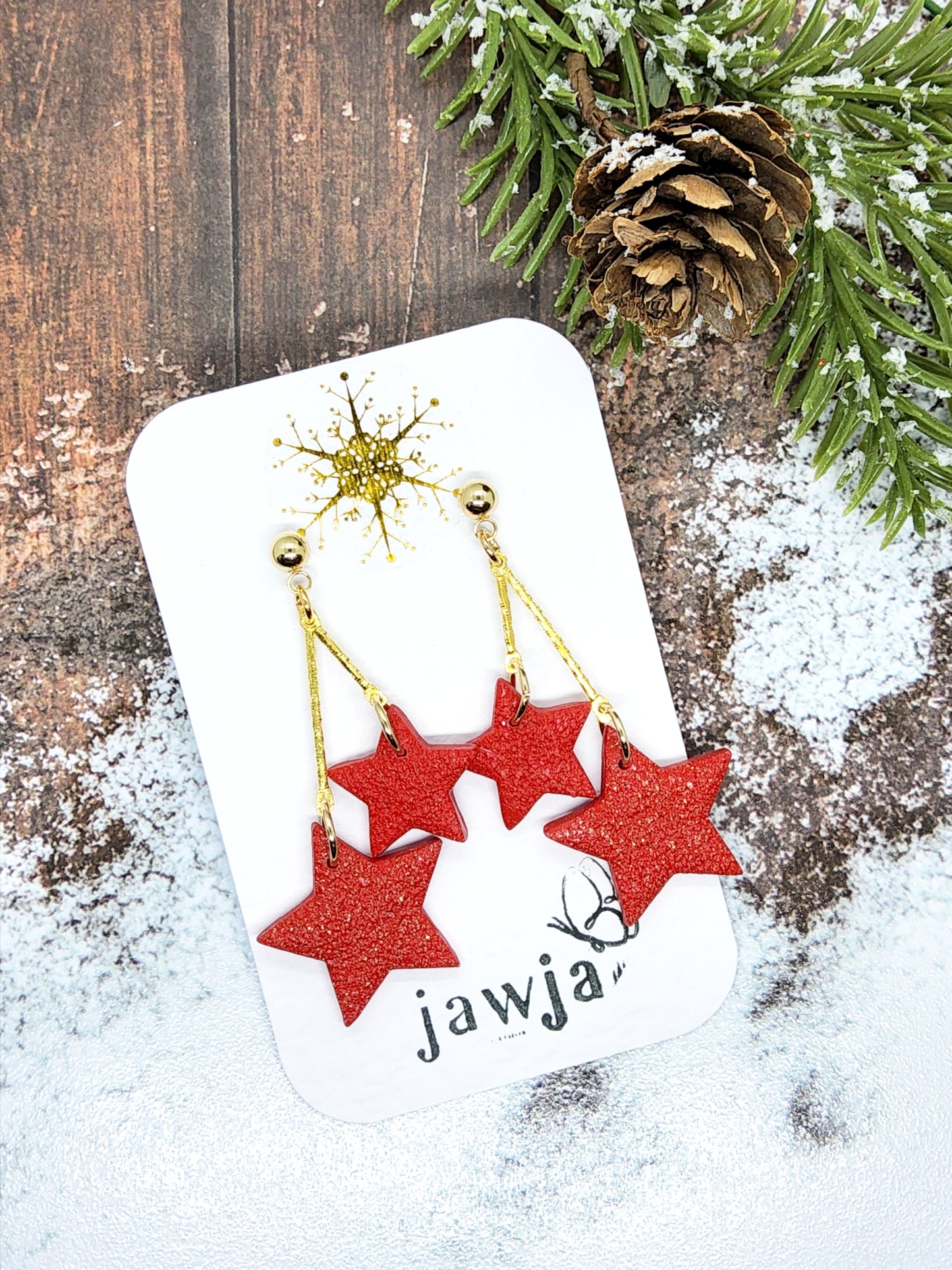 RED GLITTER DOUBLE STAR POLYMER CLAY EARRINGS