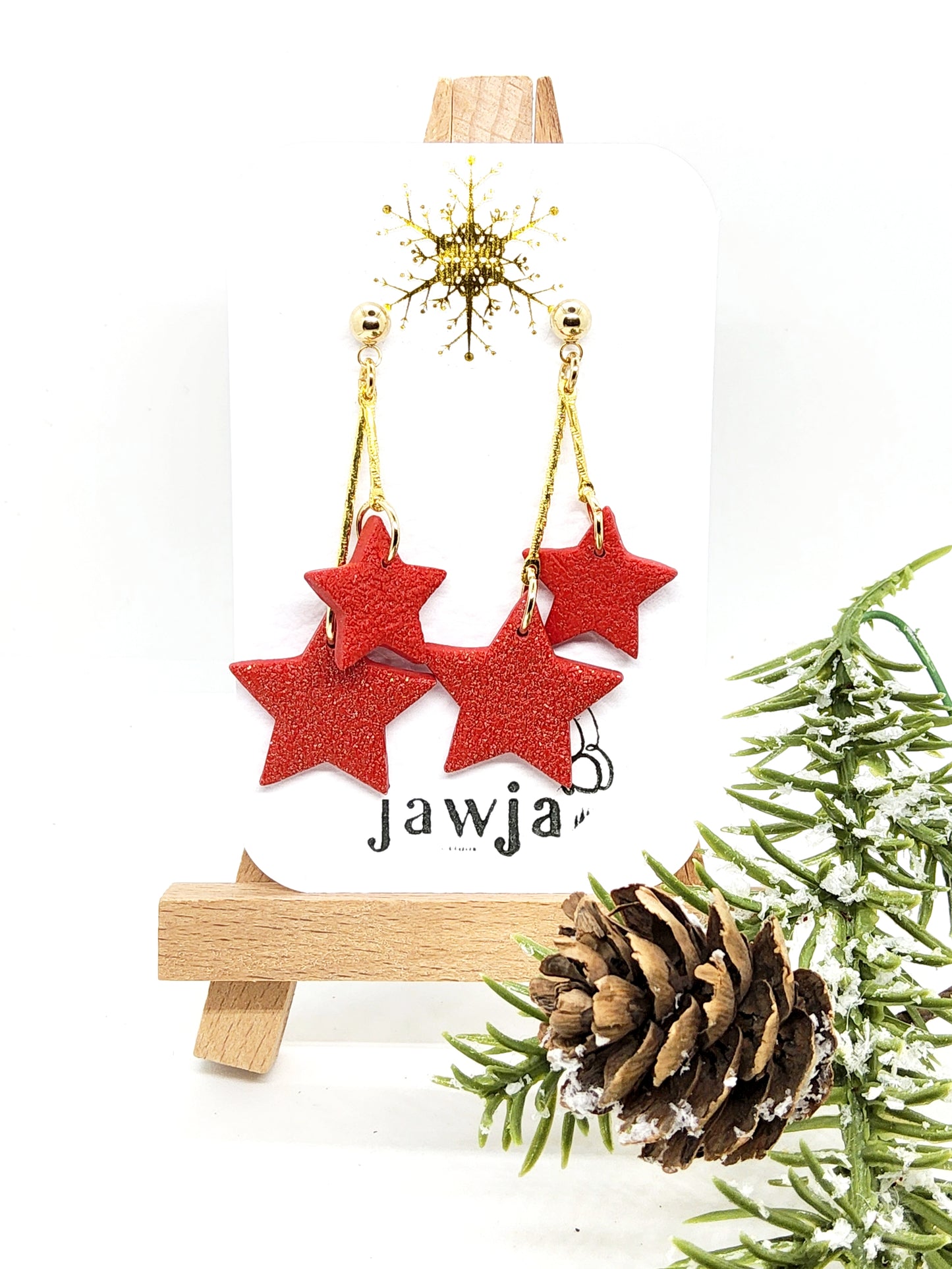 RED GLITTER DOUBLE STAR POLYMER CLAY EARRINGS