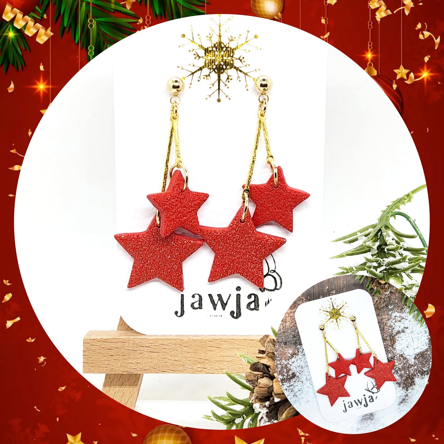 RED GLITTER DOUBLE STAR POLYMER CLAY EARRINGS