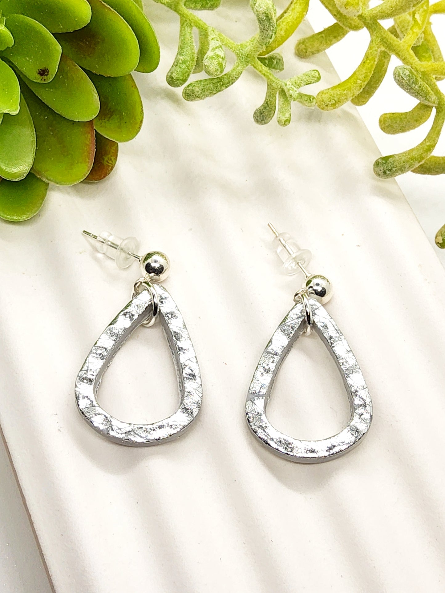 SILVER OPEN TEARDROP POLYMER CLAY EARRINGS