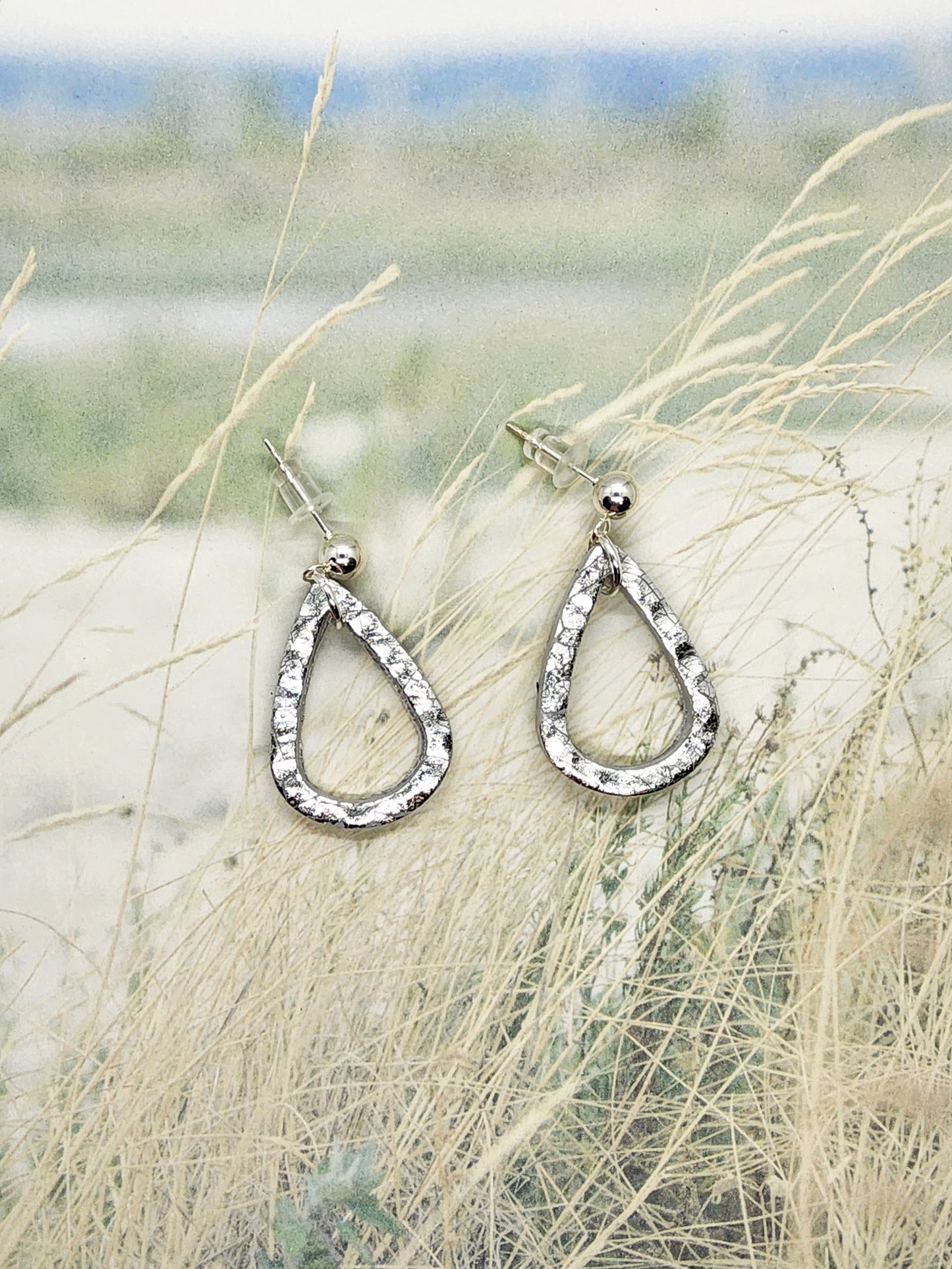 SILVER OPEN TEARDROP POLYMER CLAY EARRINGS