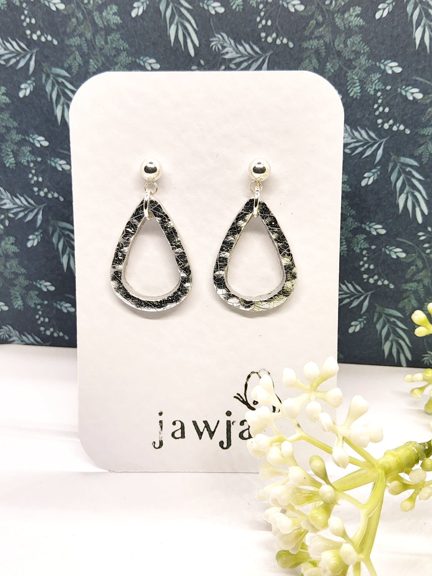 SILVER OPEN TEARDROP POLYMER CLAY EARRINGS