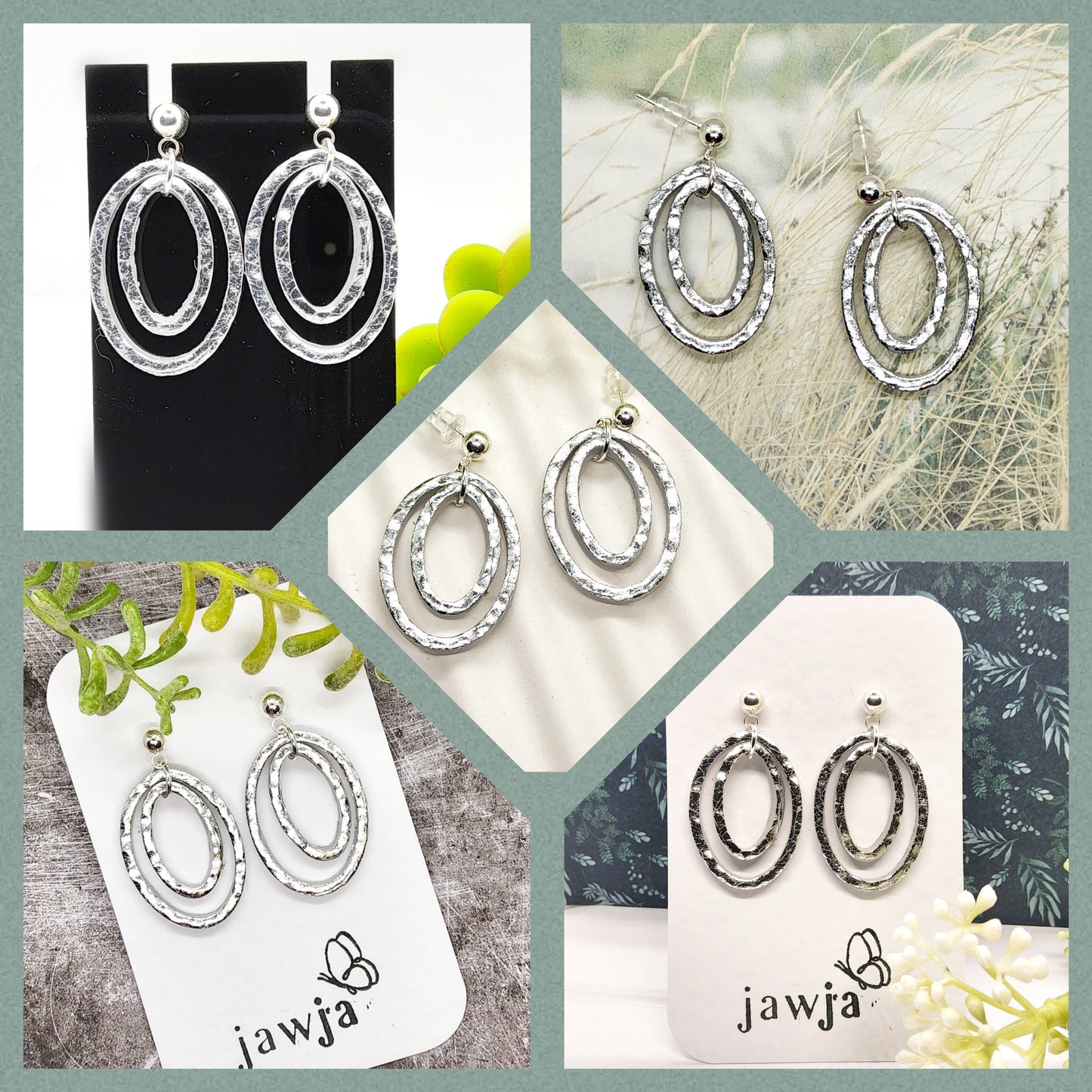 SILVER HAMMERED EFFECT OVAL RING POLYMER CLAY EARRINGS