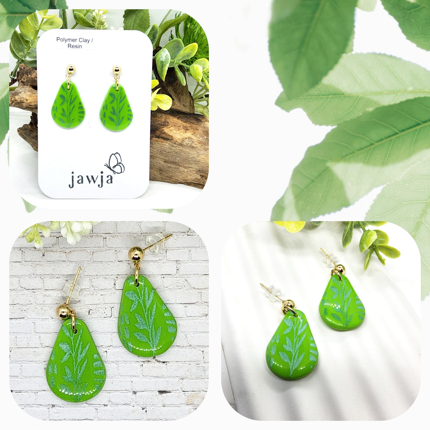 VIBRANT GREEN WLEAF PATTERN POLYMER CLAY EARRINGS