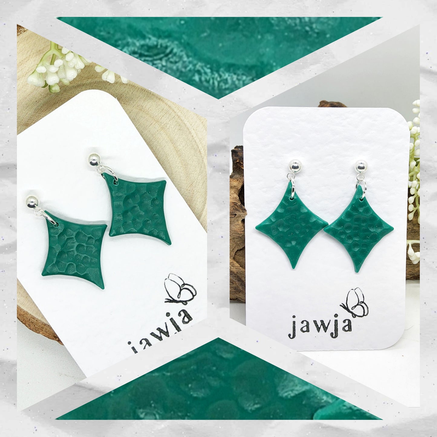 EMERALD GREEN HAMMERED EFFECT POLYMER CLAY EARRINGS