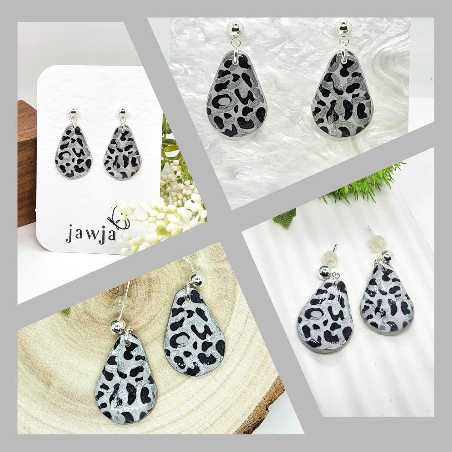 ANIMAL PRINT SILVER, BLACK AND GREY POLYMER CLAY EARRINGS