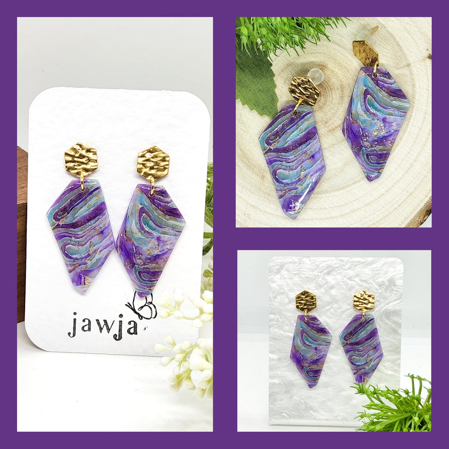 ABSTRACT MARBLED EFFECT IN LAVENDER, LILAC AND AQUA POLYMER CLAY EARRINGS