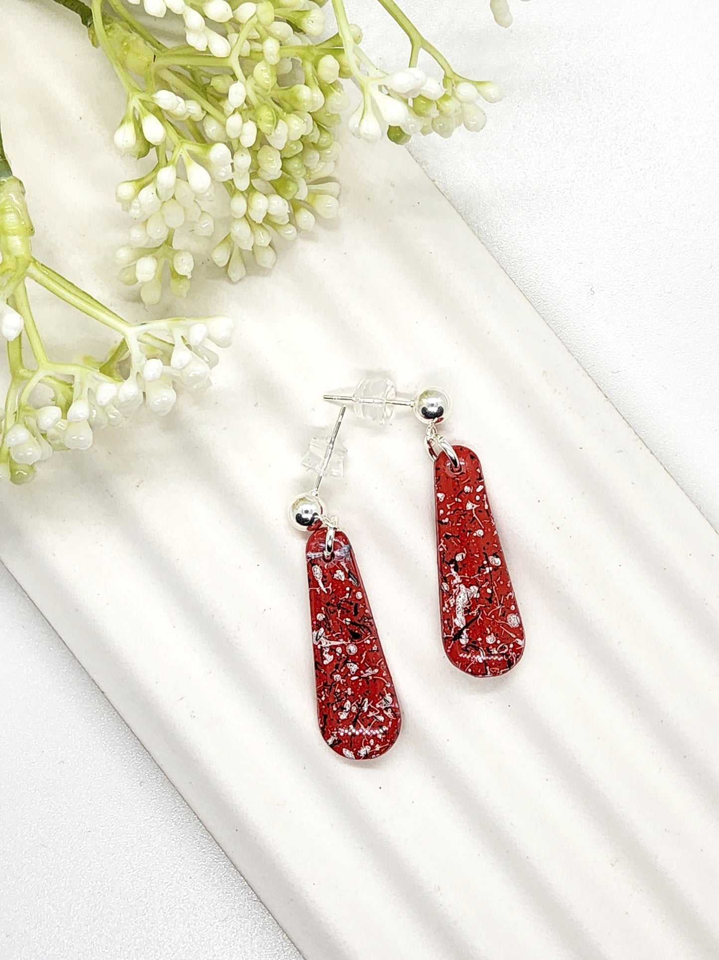RED, BLACK AND WHITE TEARDROP POLYMER CLAY EARRINGS