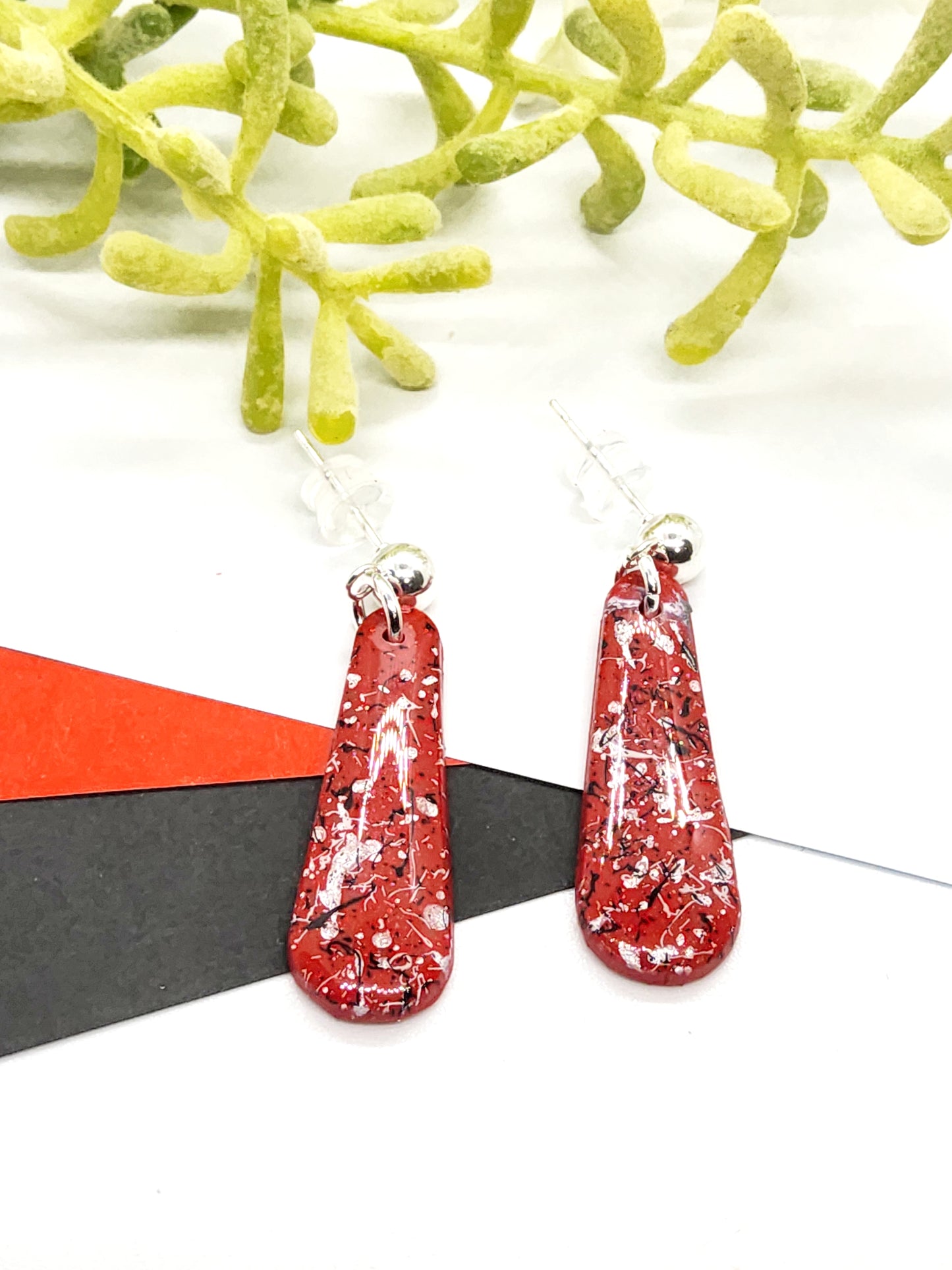 RED, BLACK AND WHITE TEARDROP POLYMER CLAY EARRINGS