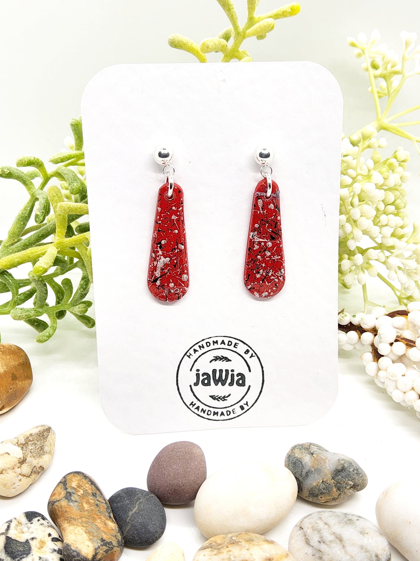 RED, BLACK AND WHITE TEARDROP POLYMER CLAY EARRINGS