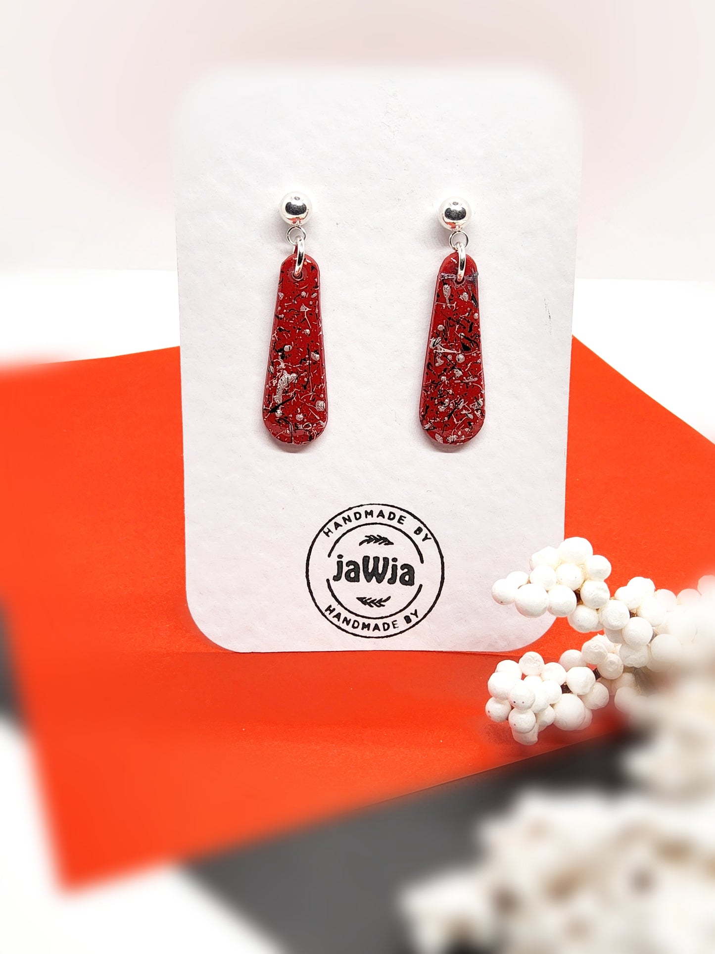 RED, BLACK AND WHITE TEARDROP POLYMER CLAY EARRINGS
