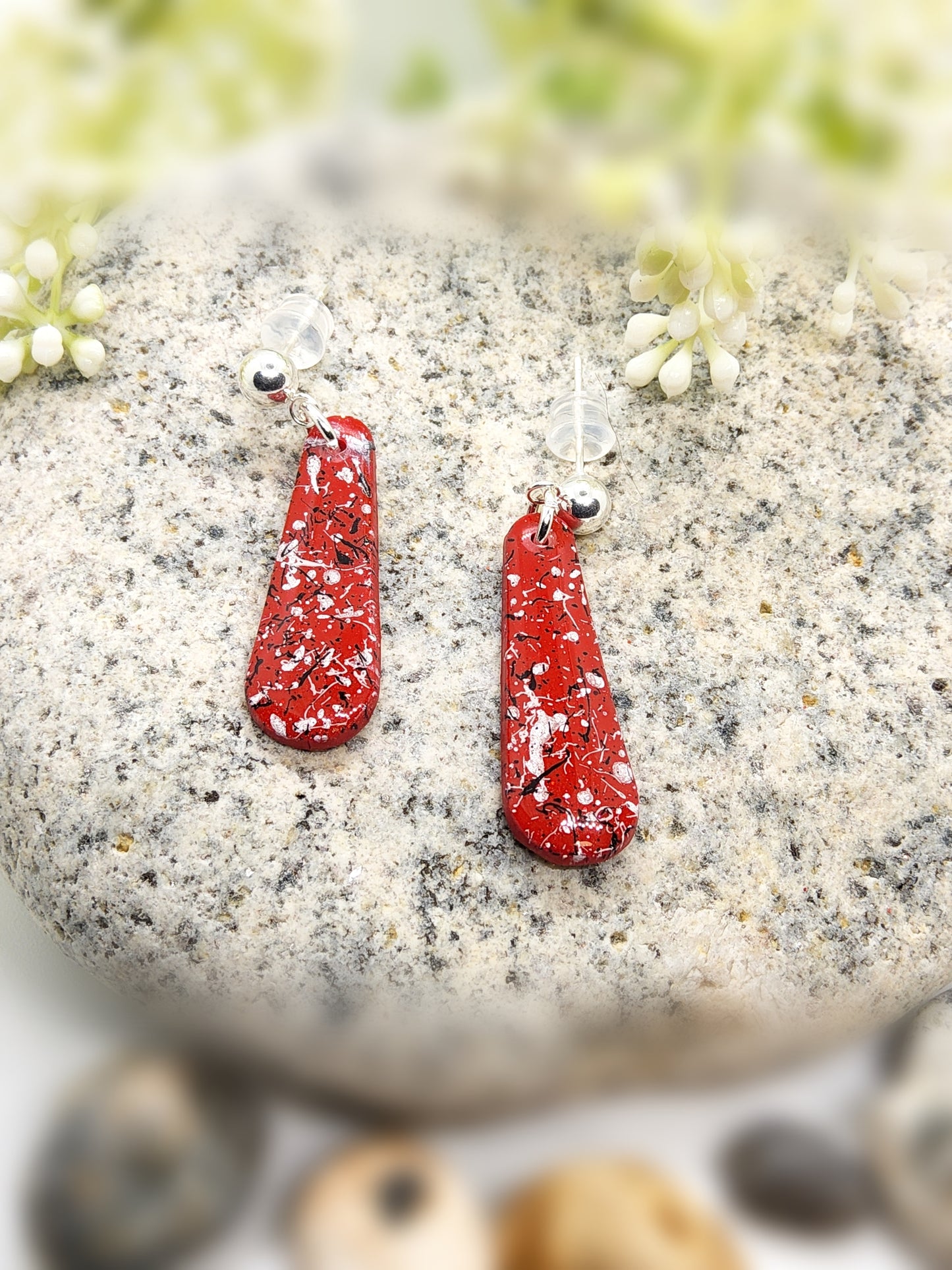 RED, BLACK AND WHITE TEARDROP POLYMER CLAY EARRINGS
