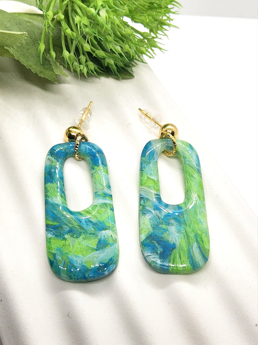 SWIRLS OF GREEN, BLUE AND WHITE POLYMER CLAY EARRINGS