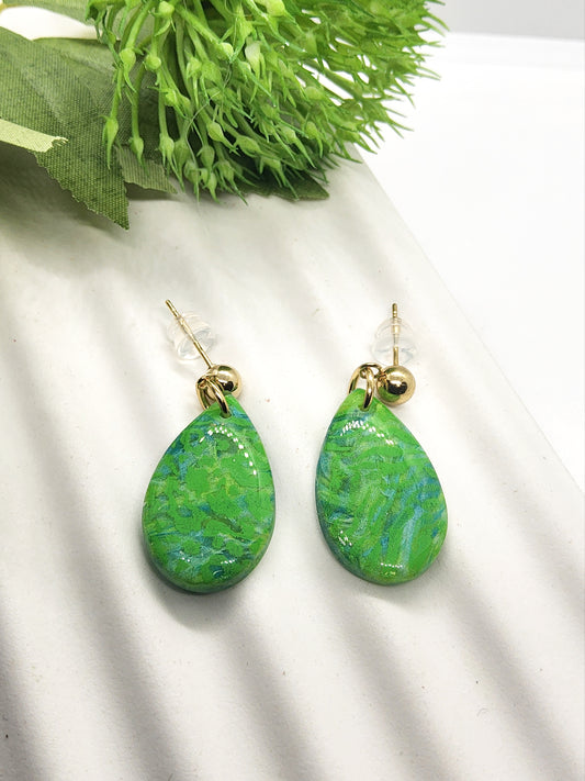 BRIGHT GREEN AND BLUE TEARDROP POLYMER CLAY EARRINGS