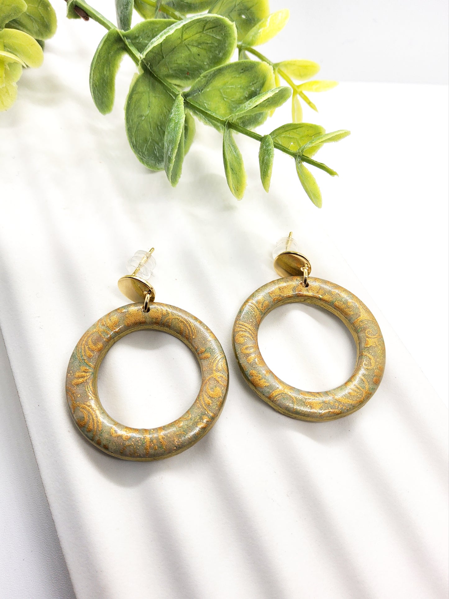 GOLD BROCADE HOOP POLYMER CLAY EARRINGS