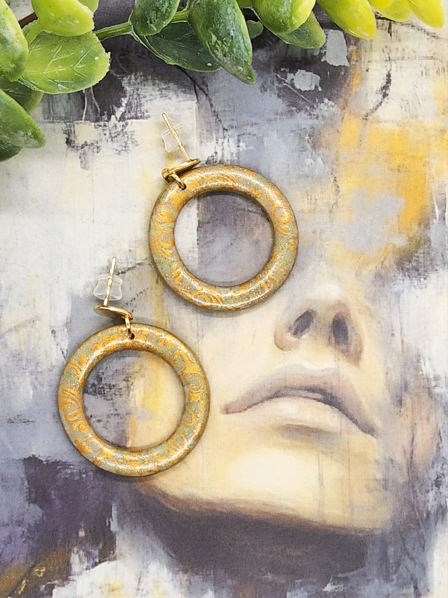 GOLD BROCADE HOOP POLYMER CLAY EARRINGS