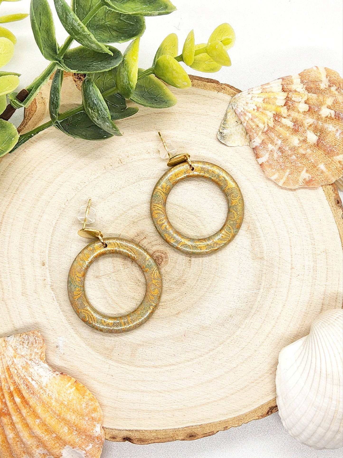 GOLD BROCADE HOOP POLYMER CLAY EARRINGS