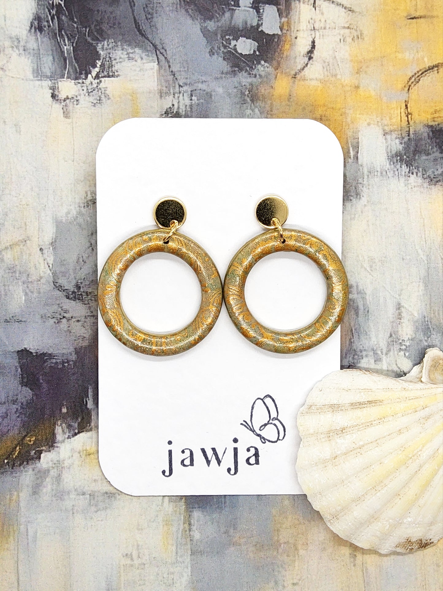 GOLD BROCADE HOOP POLYMER CLAY EARRINGS