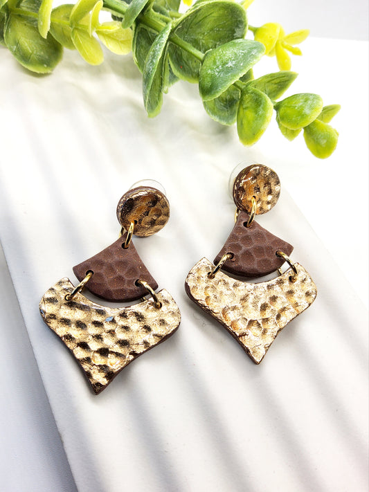 GOLD AND BROWN HAMMERED POLYMER CLAY EARRINGS