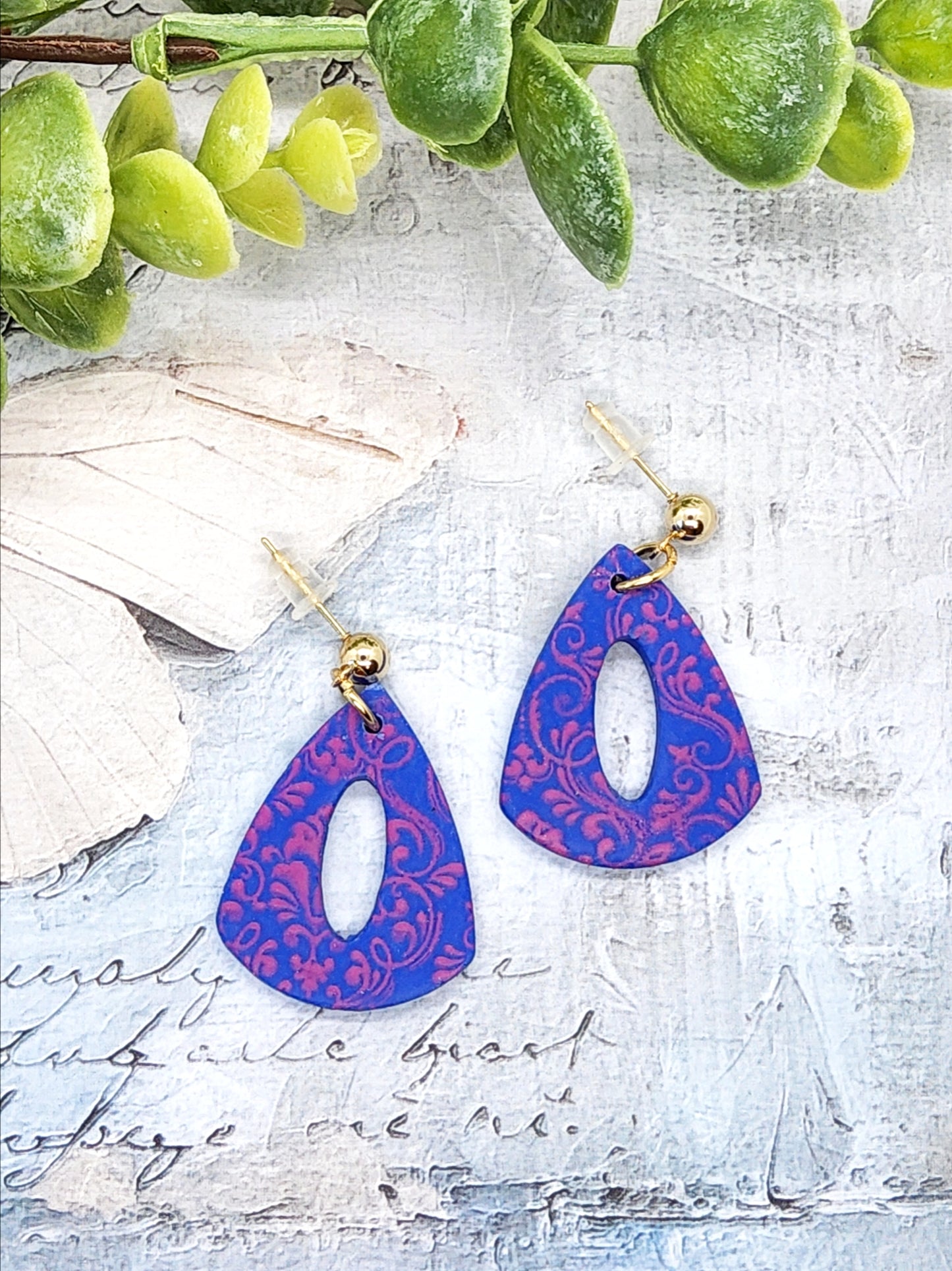 VIBRANT BLUE AND PINK SCROLL POLYMER CLAY EARRINGS