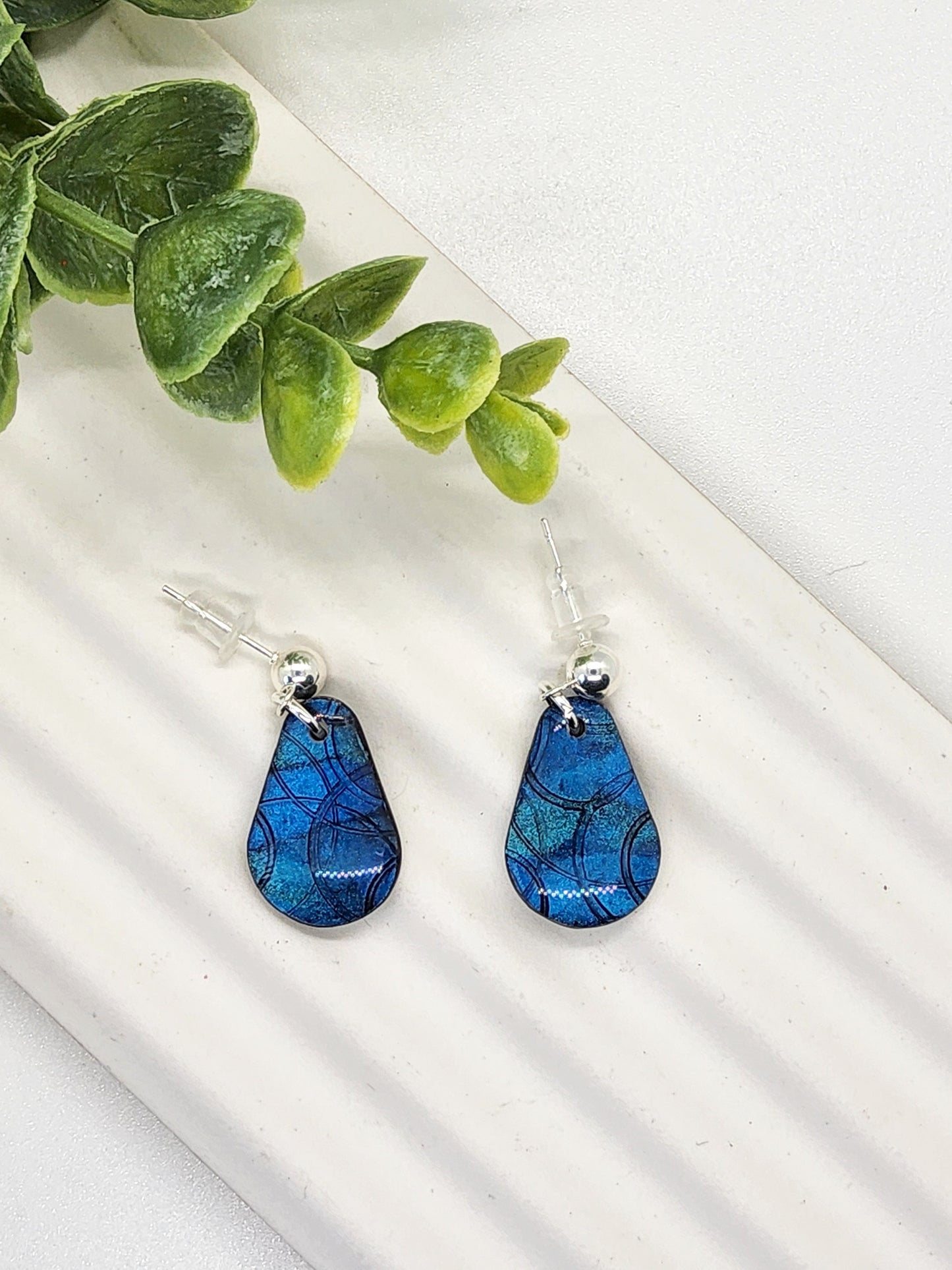 IRIDESCENT BLUE TEARDROP POLYMER CLAY EARRINGS