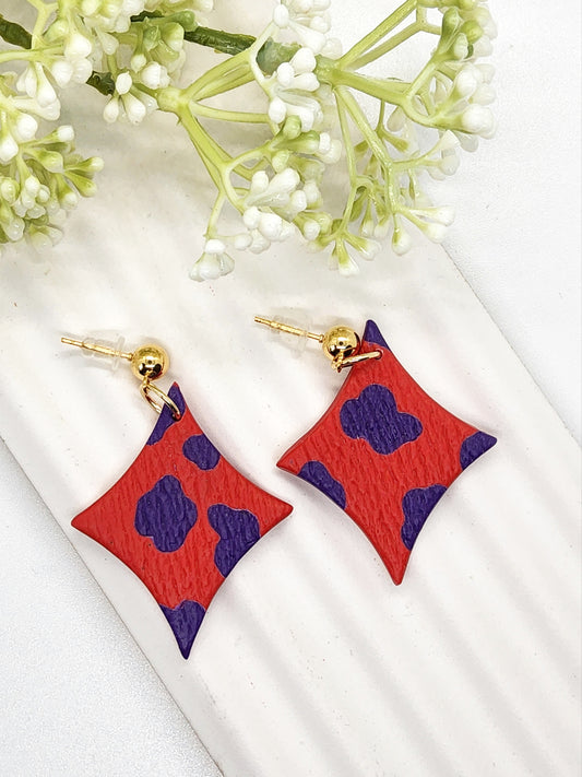 DIAMOND SHAPE RED AND PURPLE POLYMER CLAY EARRINGS