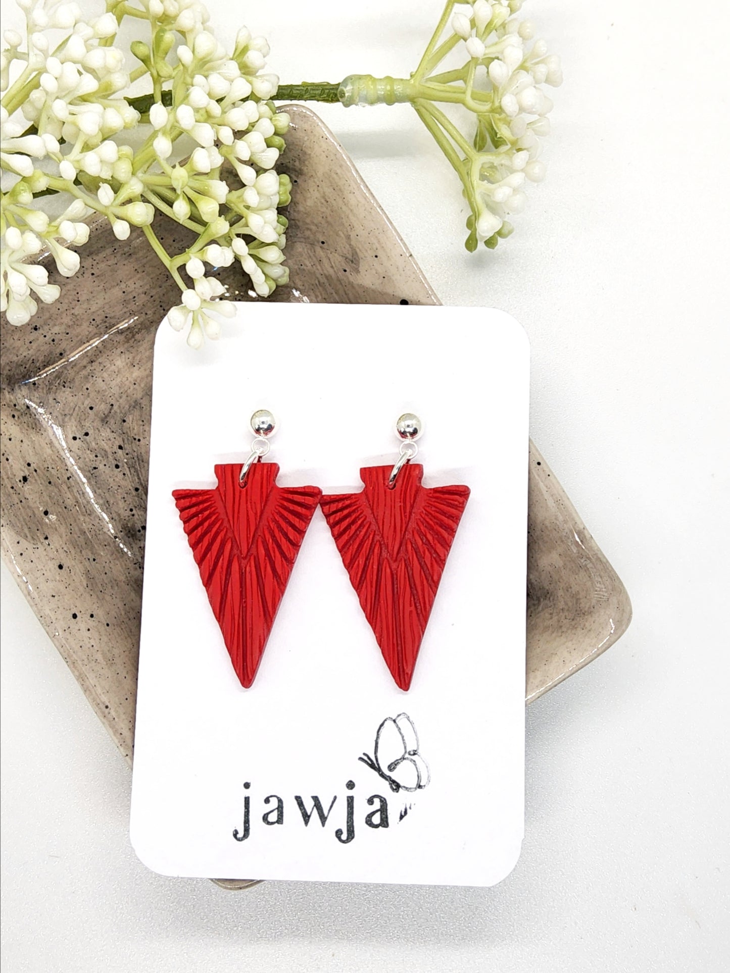 CARMINE RED EMBOSSED ARROW POLYMER CLAY EARRINGS