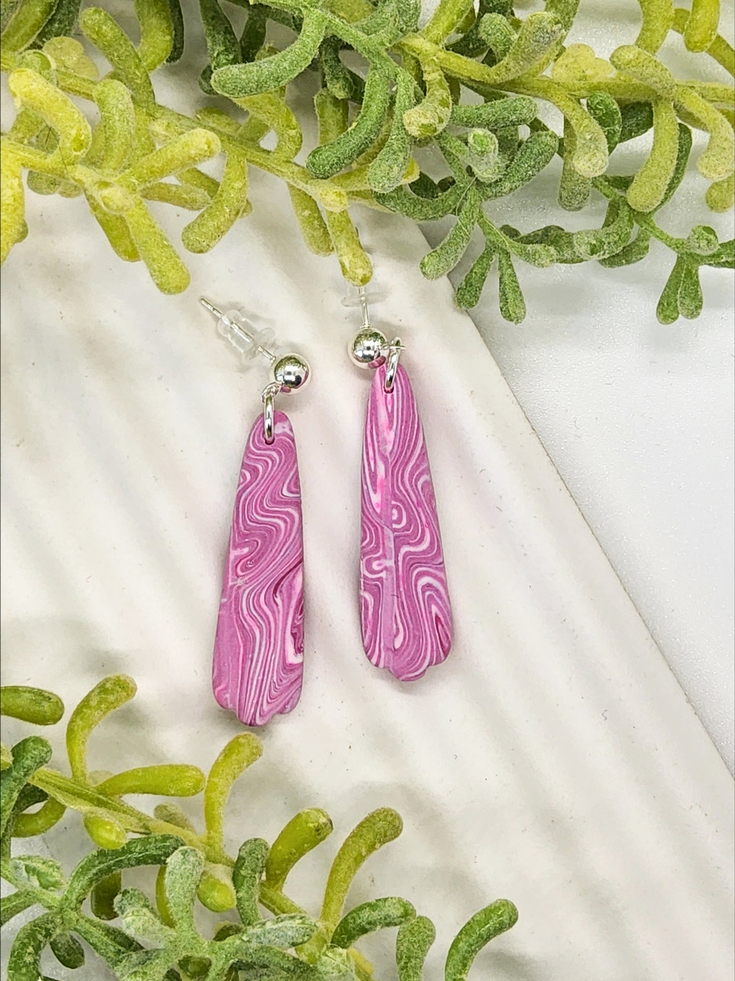 PINK MARBLED TEARDRIP POLYMER CLAY EARRINGS