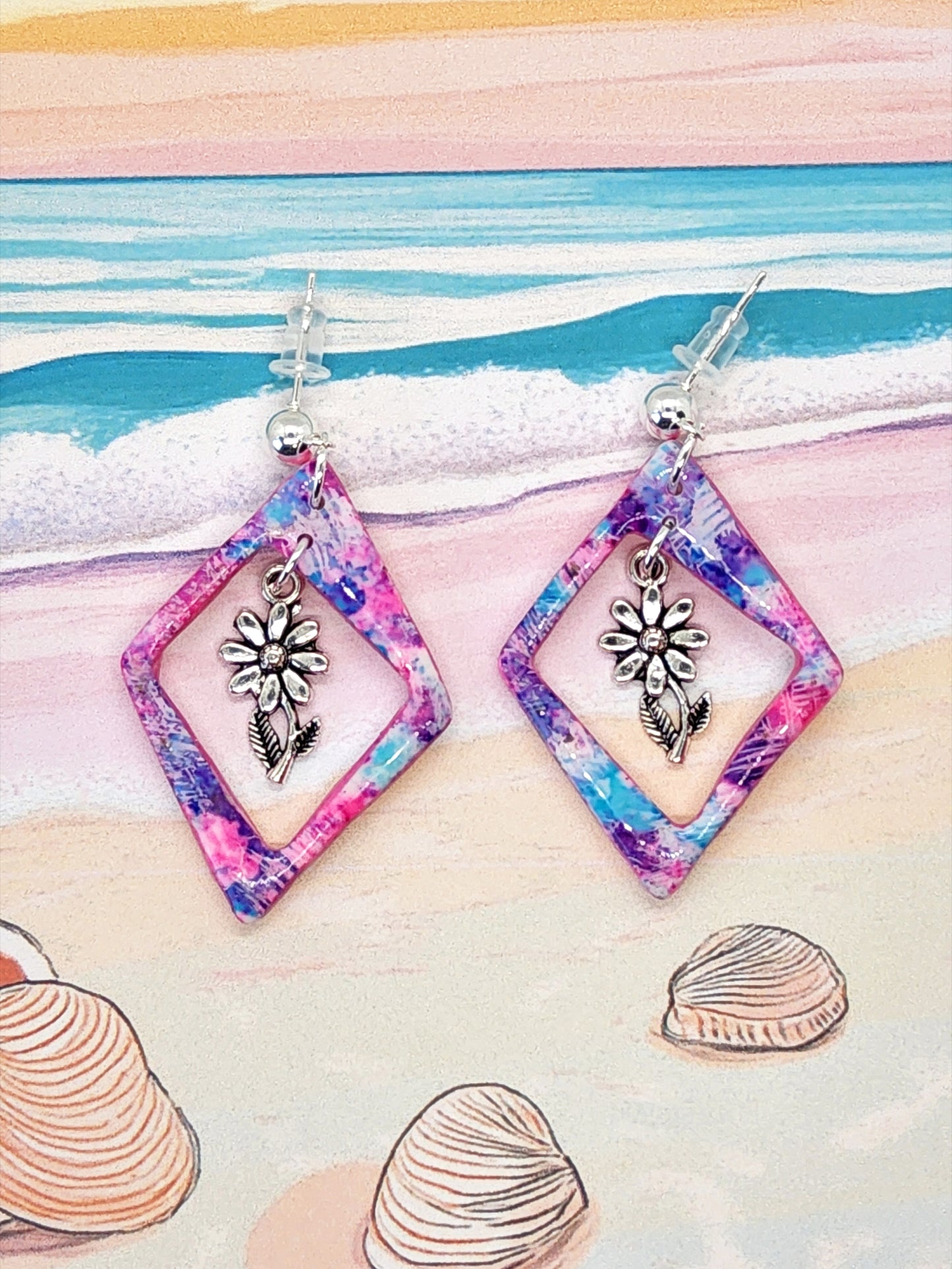PINK AND BLUE PICTURE FRAME POLYMER CLAY EARRINGS