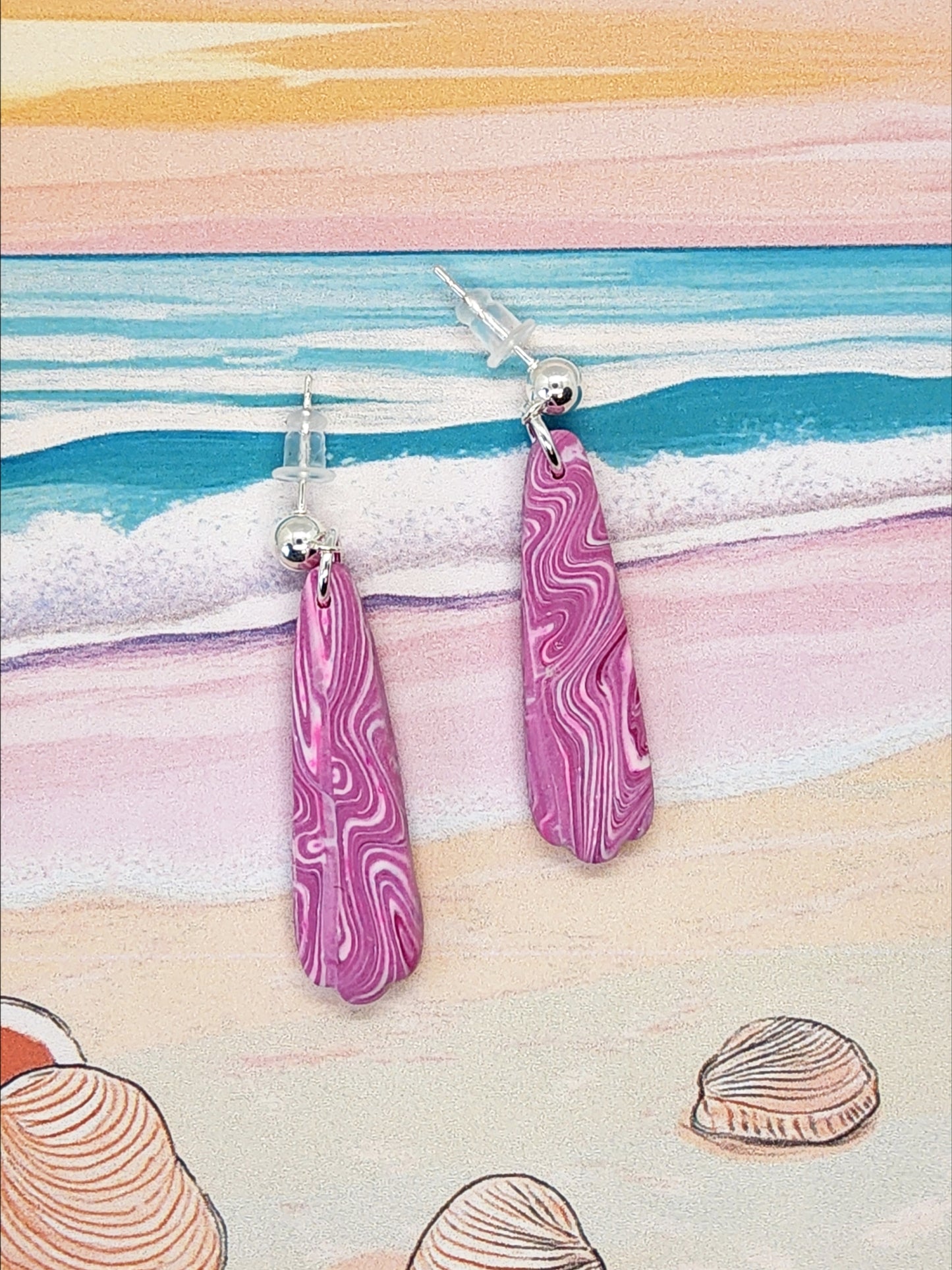 PINK MARBLED TEARDRIP POLYMER CLAY EARRINGS
