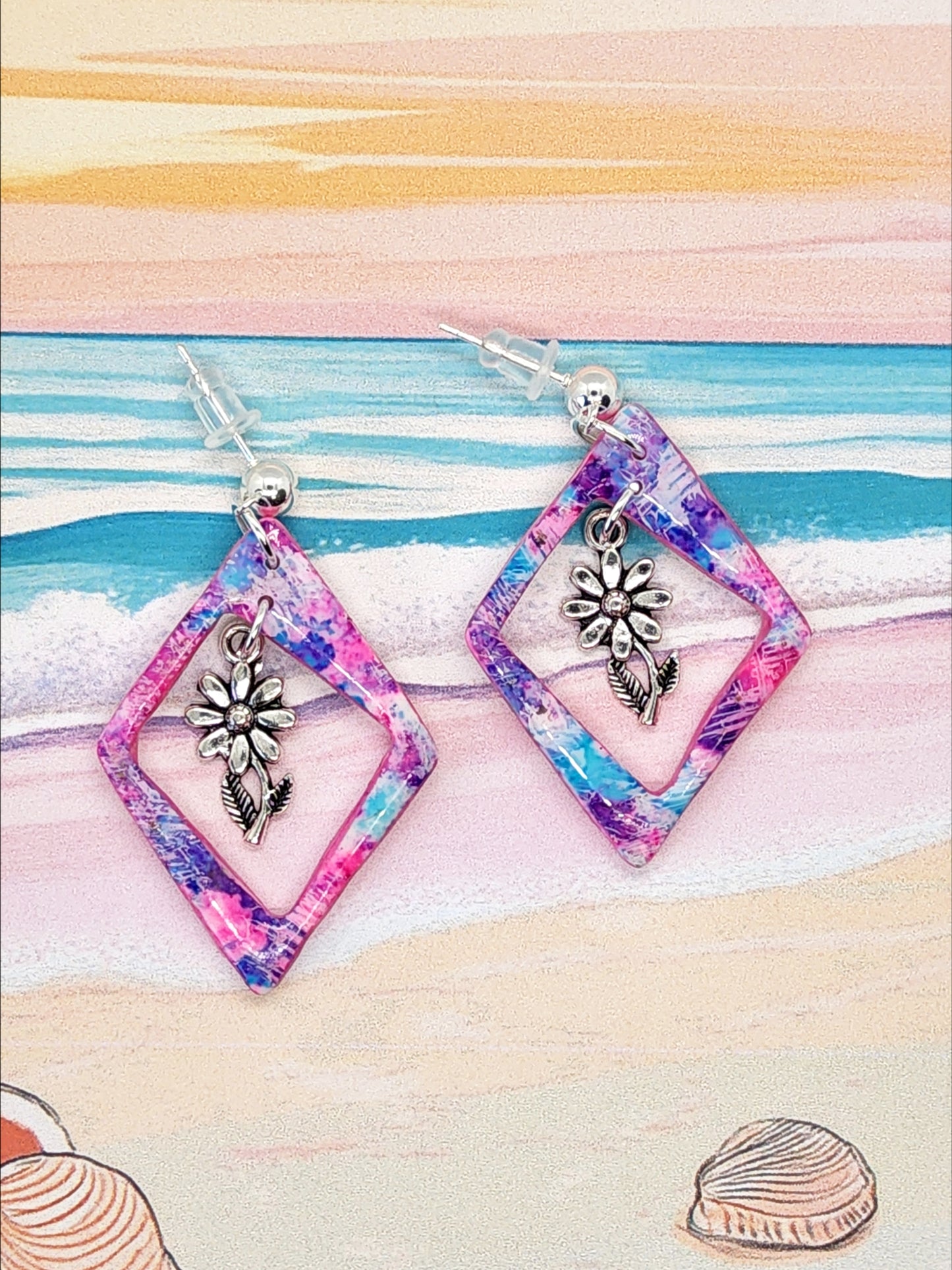 PINK AND BLUE PICTURE FRAME POLYMER CLAY EARRINGS