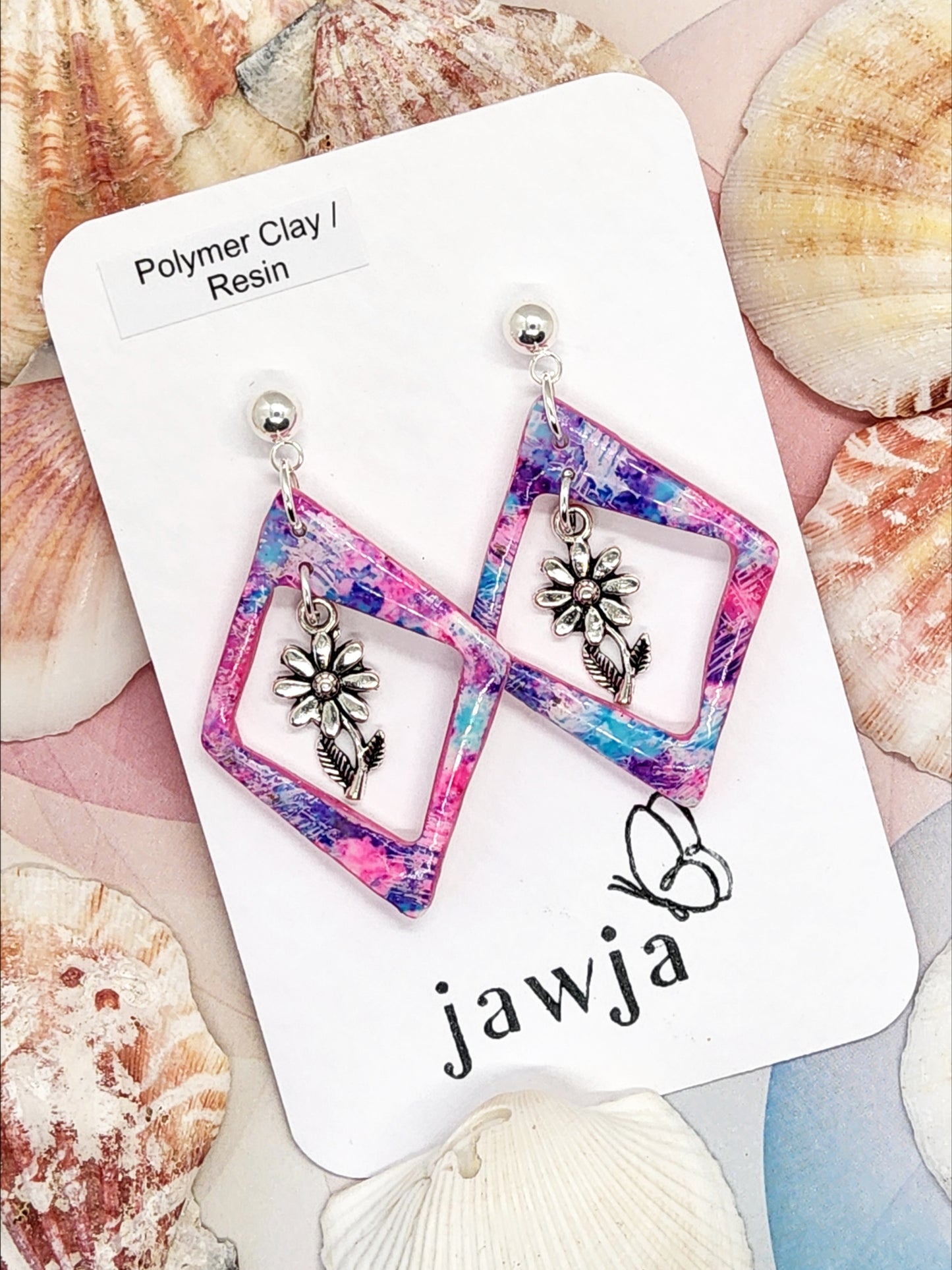 PINK AND BLUE PICTURE FRAME POLYMER CLAY EARRINGS