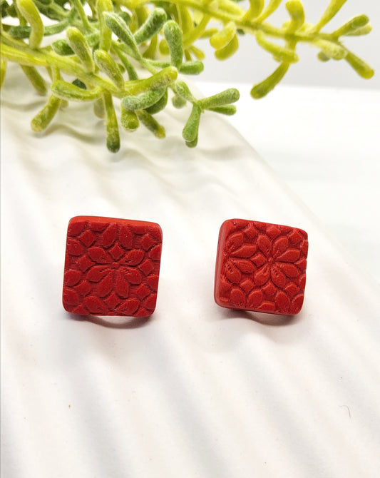 RED FLOWER POLYMER CLAY STUD EARRINGS