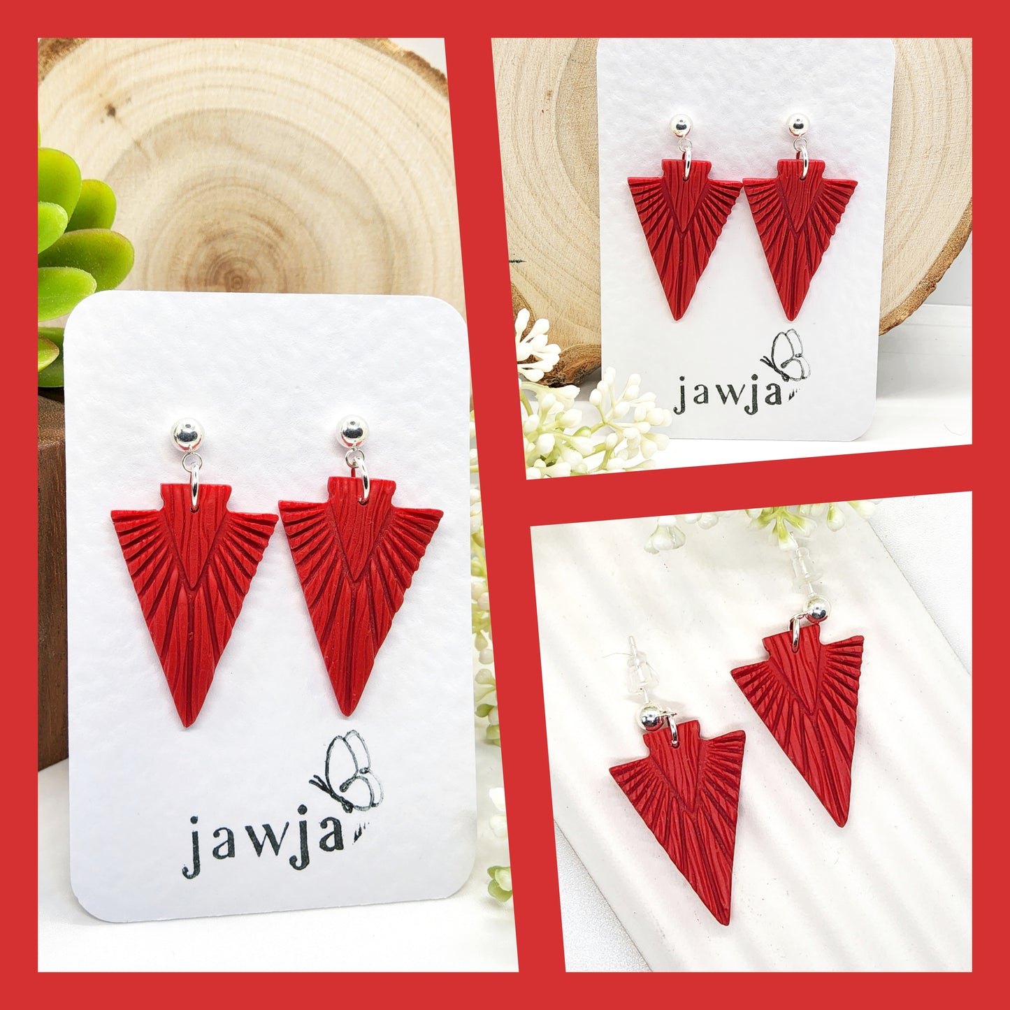 CARMINE RED EMBOSSED ARROW POLYMER CLAY EARRINGS