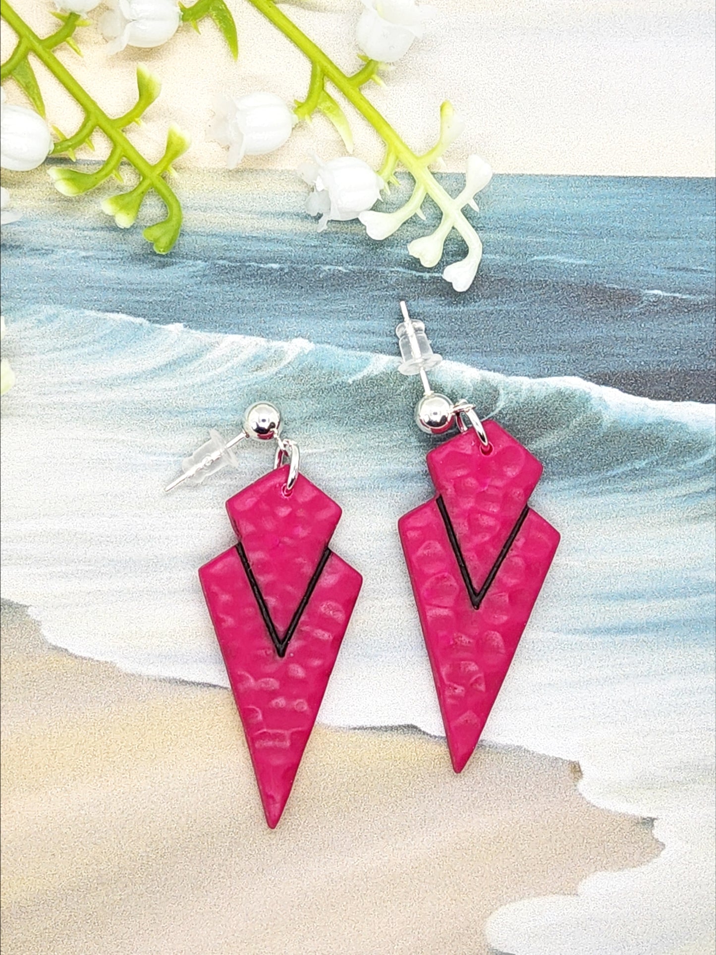 DARK FUSCHIA ART DECO POLYMER CLAY EARRINGS