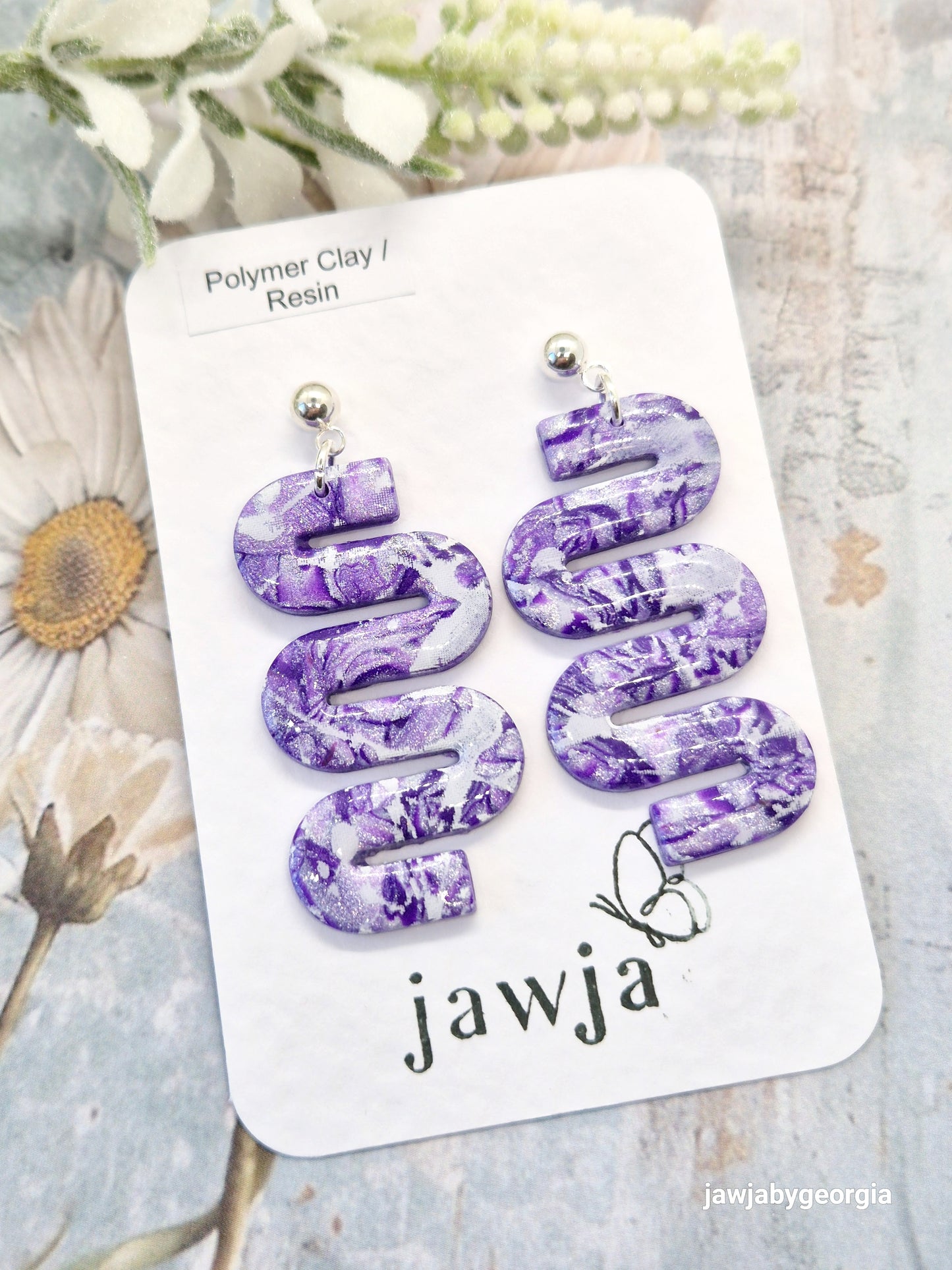 PURPLE AND WHITE POLYMER CLAY EARRINGS
