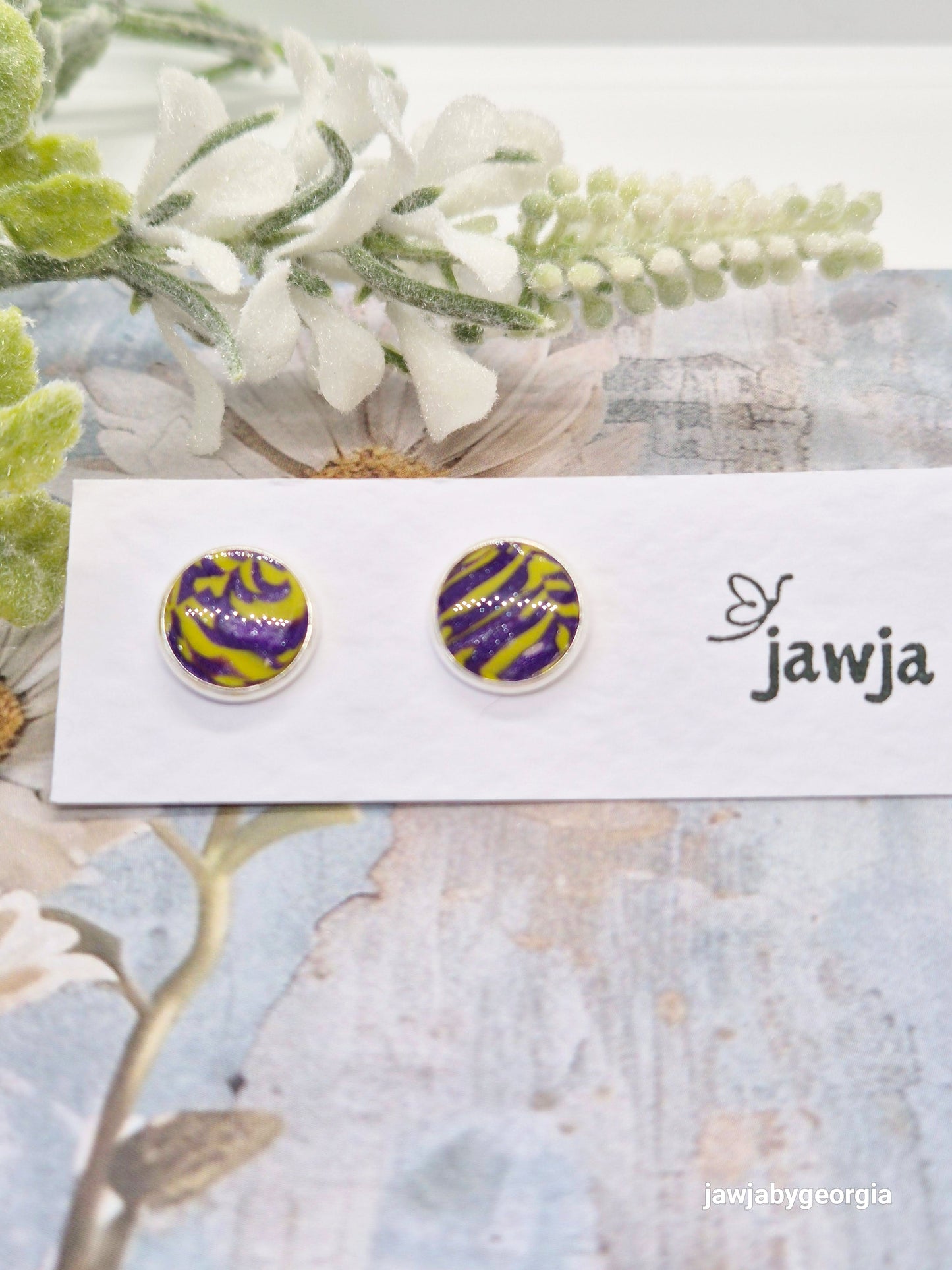 ABSTRACT PURPLE AND YELLOW STUD EARRINGS