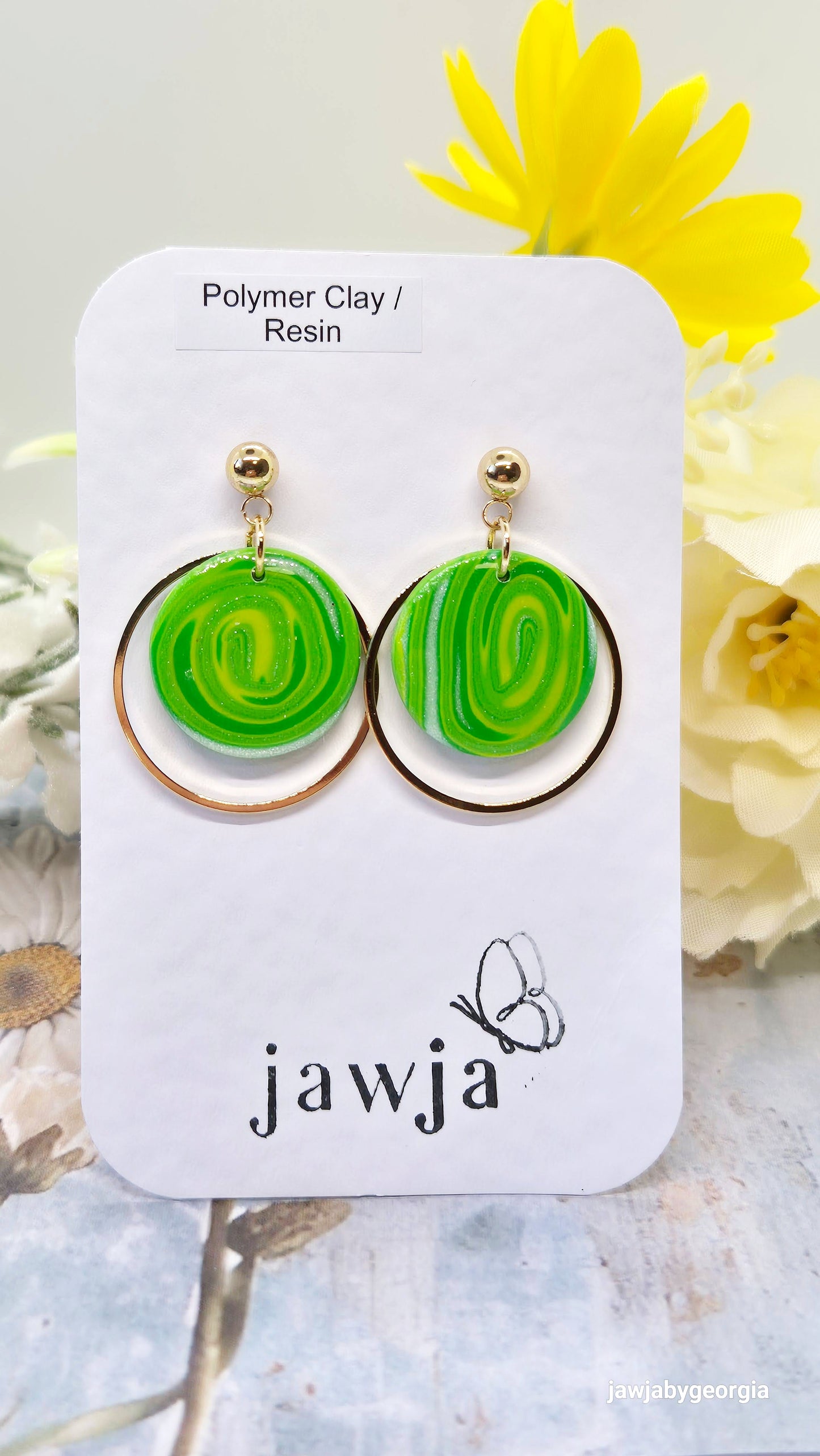 GREEN SWIRL DISC POLYMER CLAY EARRINGS
