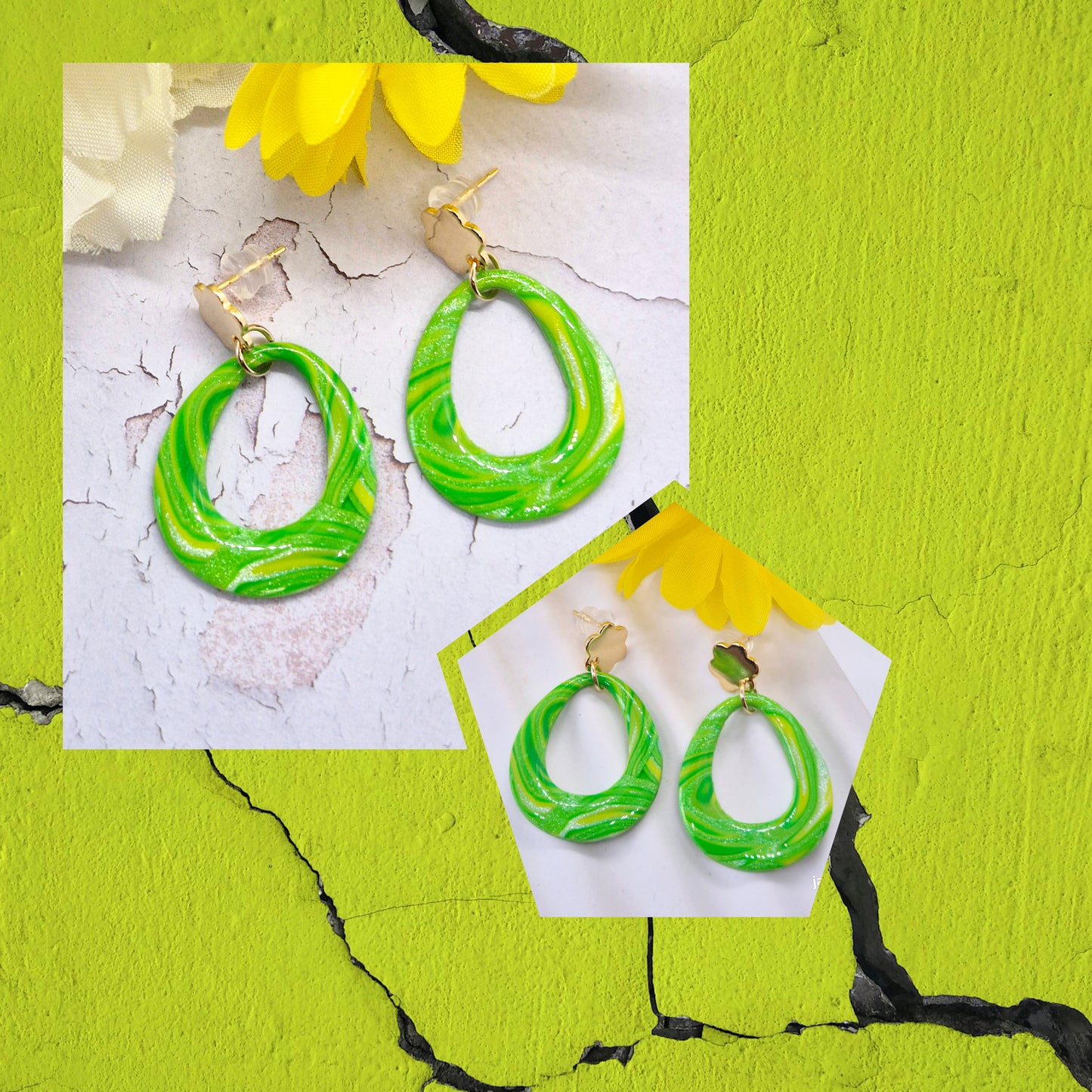 LIME GREEN TEARDROP POLYMER CLAY EARRINGS