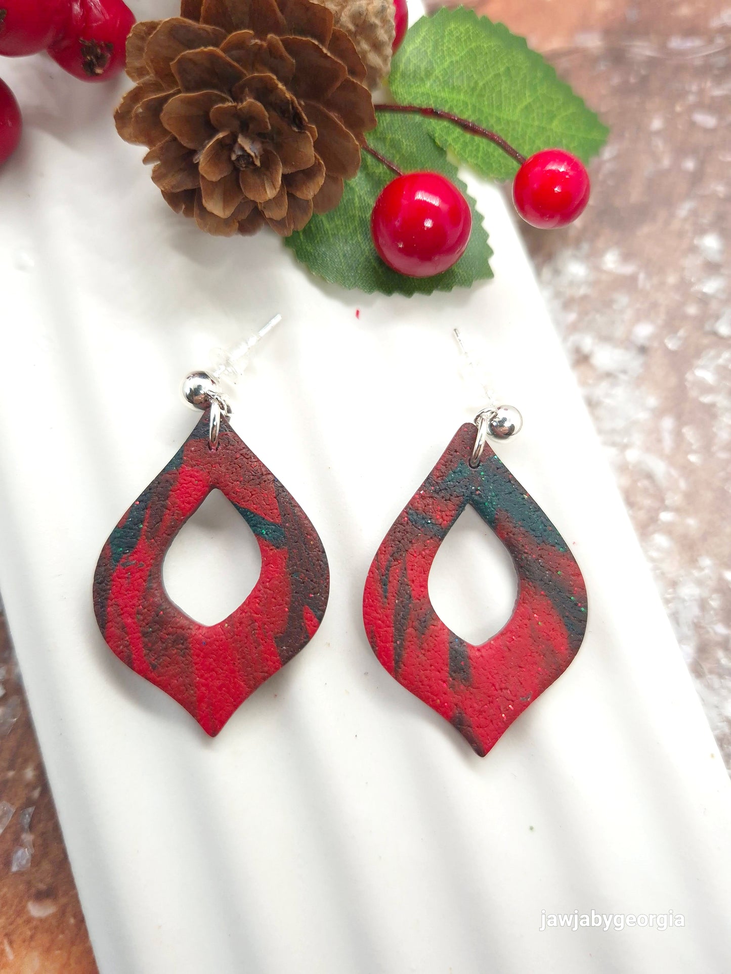 RED AND GREEN TEARDROP POLYMER CLAY EARRINGS