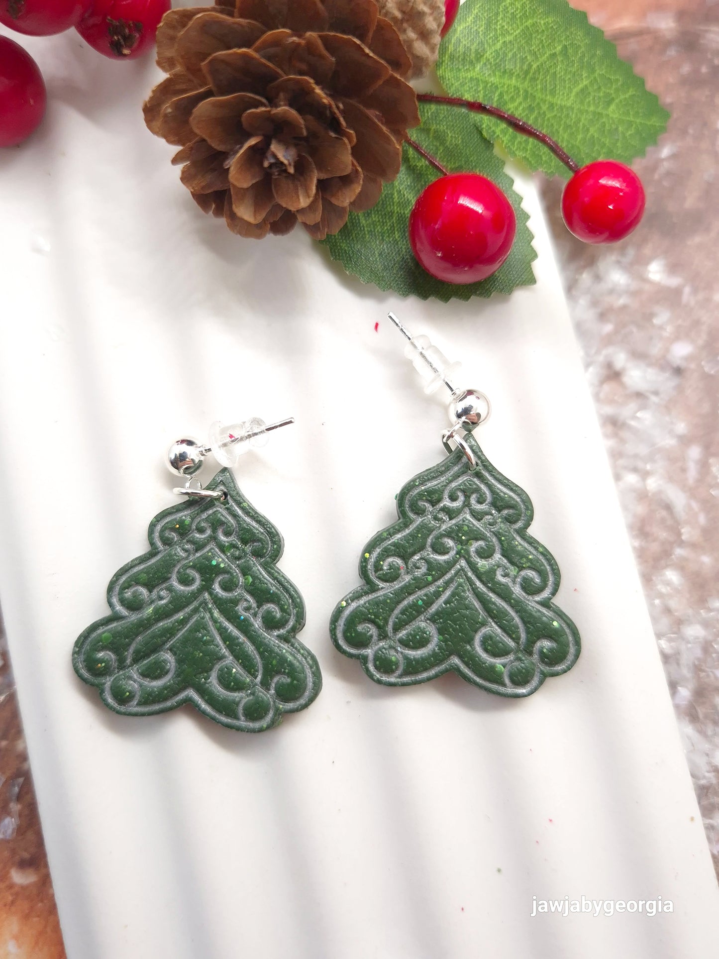 EMBOSSED CHRISTMAS TREE POLYMER CLAY EARRINGS
