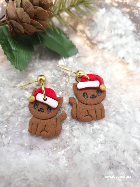 CAT WITH SANTA HAT POLYMER CLAY EARRINGS
