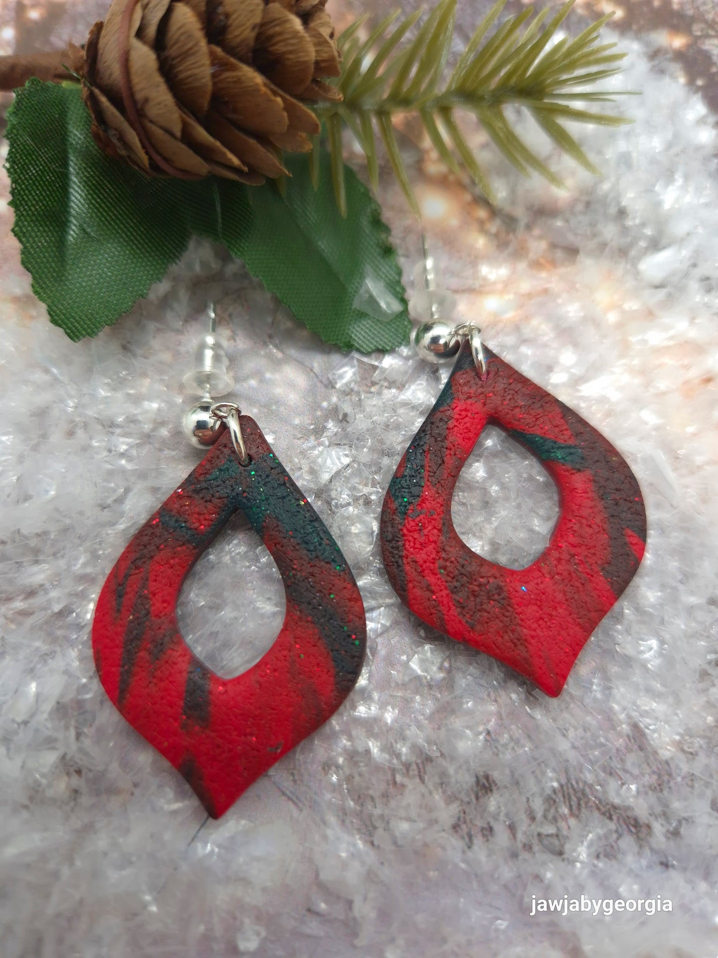 RED AND GREEN TEARDROP POLYMER CLAY EARRINGS
