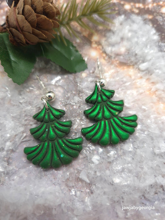 GREEN METALLIC CHRISTMAS TREE POLYMER CLAY EARRINGS