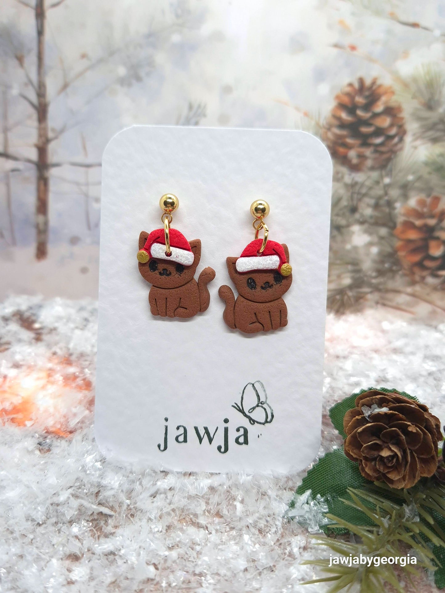CAT WITH SANTA HAT POLYMER CLAY EARRINGS