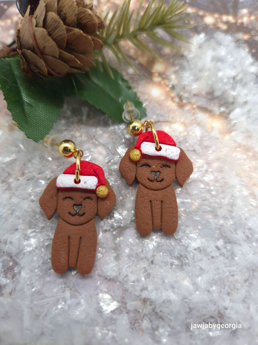 DOG WITH SANTA HAT POLYMER CLAY EARRINGS