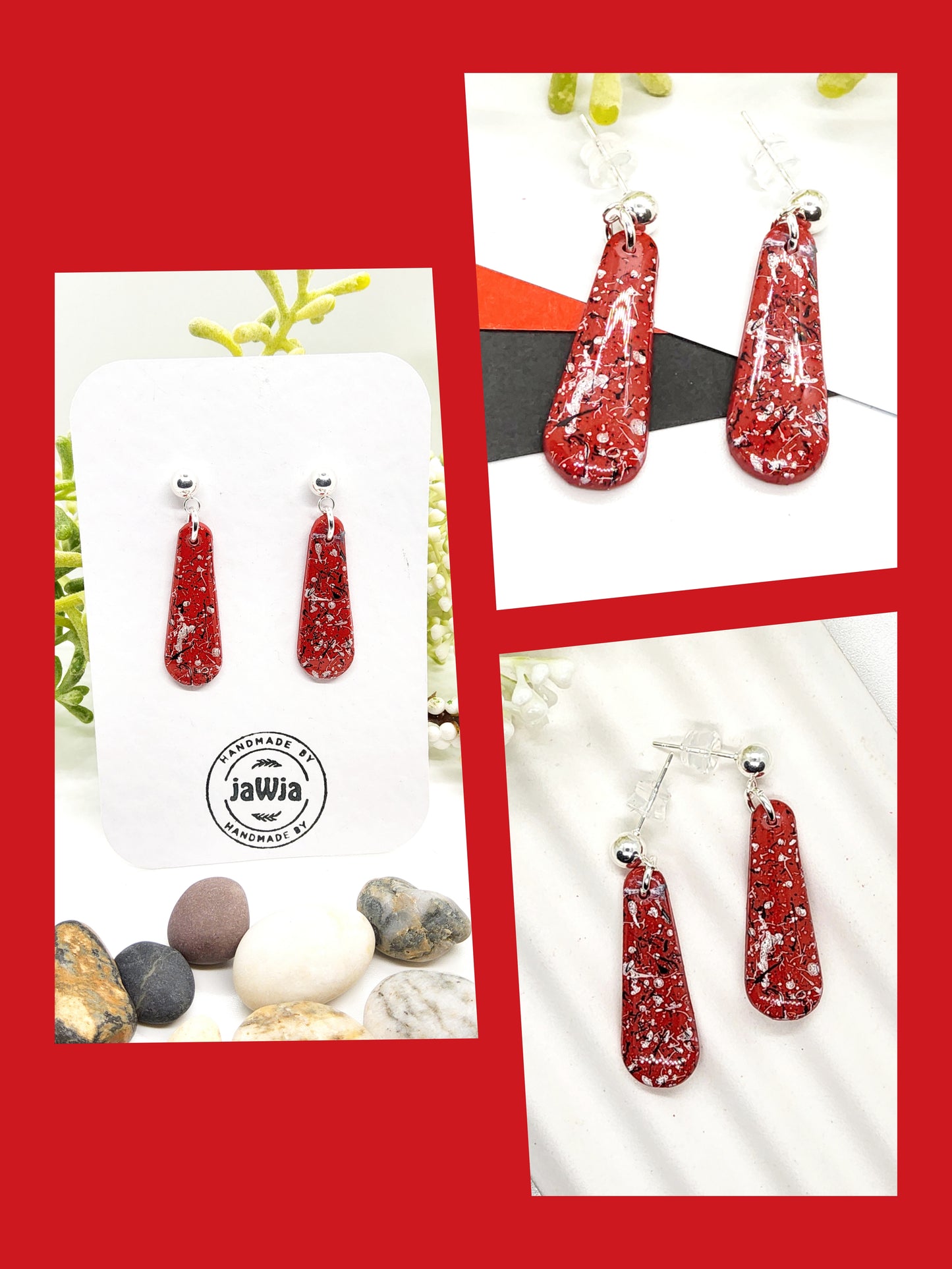 RED, BLACK AND WHITE TEARDROP POLYMER CLAY EARRINGS