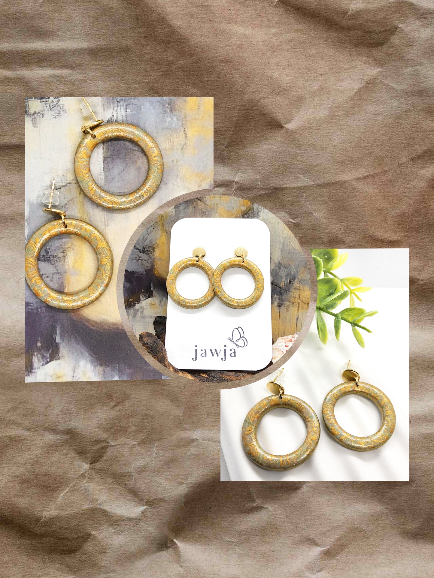 GOLD BROCADE HOOP POLYMER CLAY EARRINGS