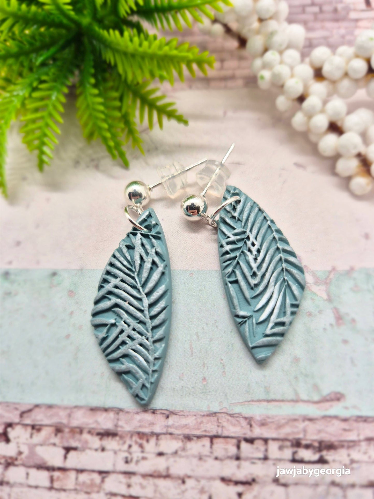 SAGE EMBOSSED LEAF POLYMER CLAY EARRINGS