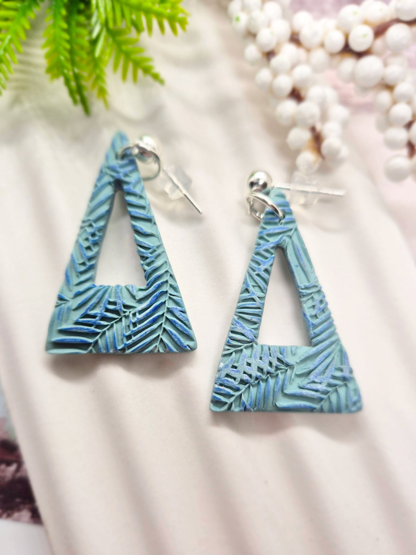 SOFT SAGE TRIANGLE POLYMER CLAY EARRINGS